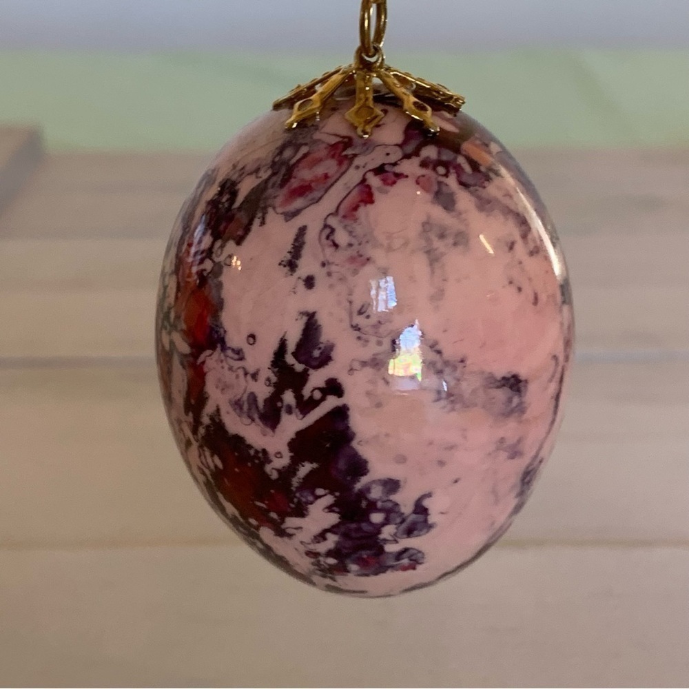 HAND Painted Ceramic Egg Christmas Ornament Pink & Purple Hanging Decoration 2.5